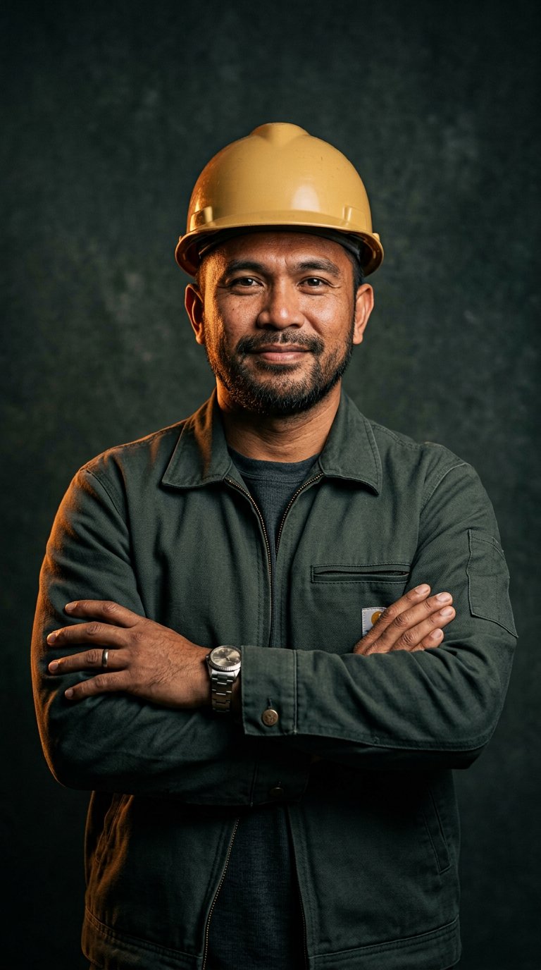 Skilled tradesman wearing a safety helmet and workwear